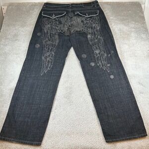 VTG Royal Army Jeans Mens 38x34 Black Wing Graphic Glitter Embroidered Y2K Baggy